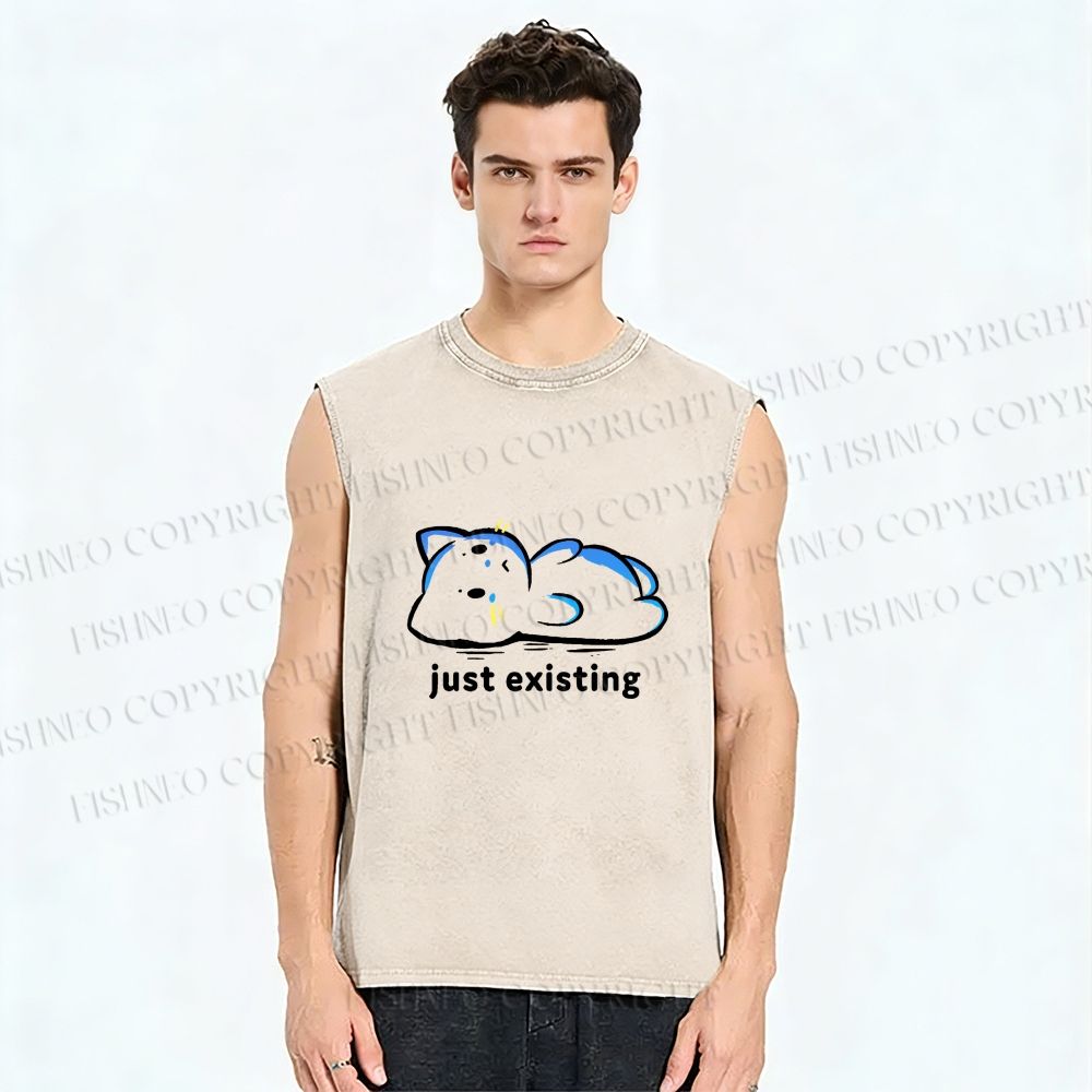 Unisex Just Existing Cat Printed Washed Tank Top