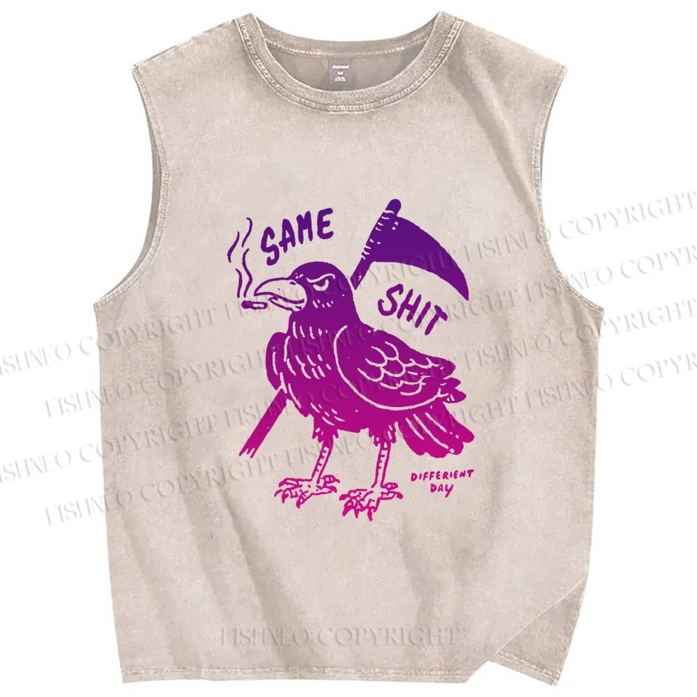 Unisex Same Shit Crow Printed Washed Tank Top