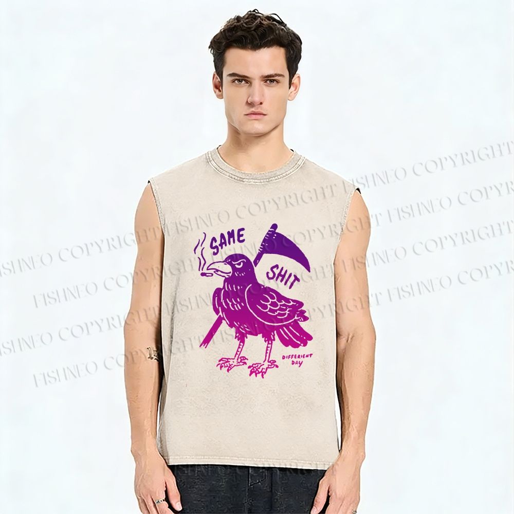 Unisex Same Shit Crow Printed Washed Tank Top
