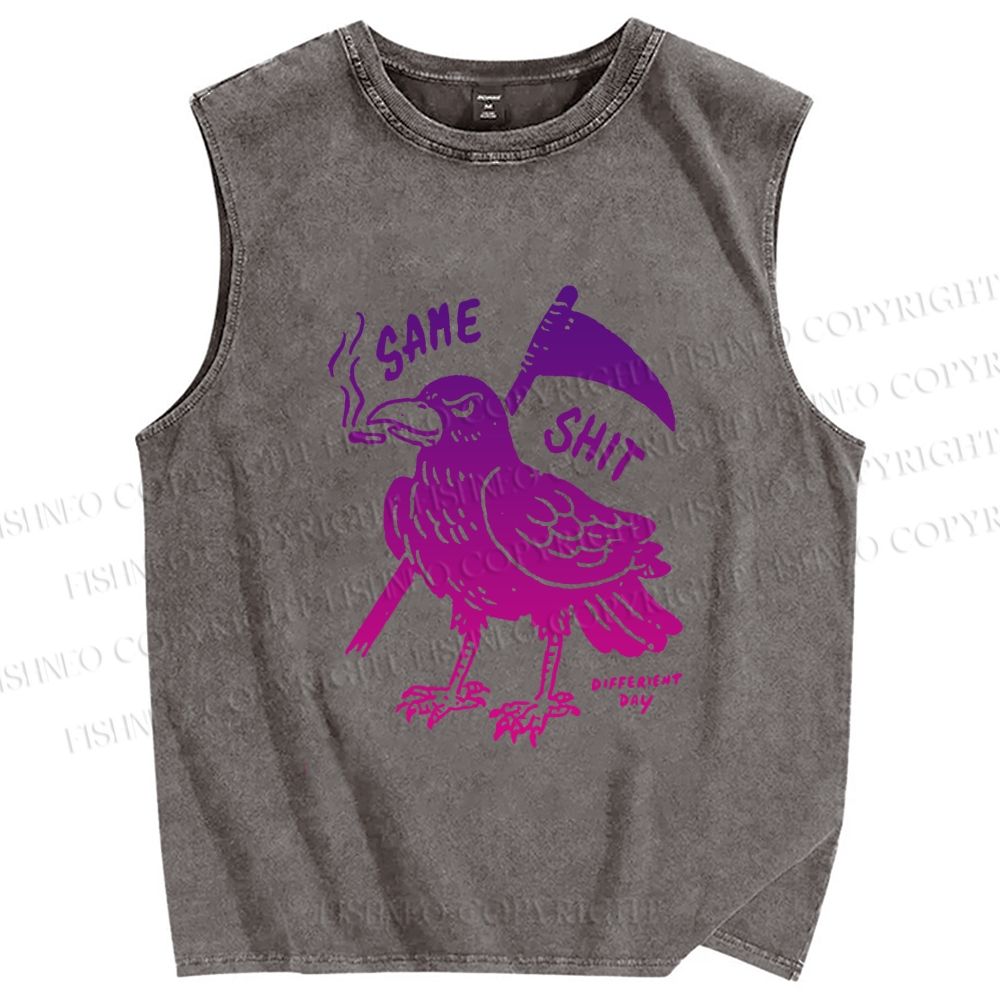 Unisex Same Shit Crow Printed Washed Tank Top