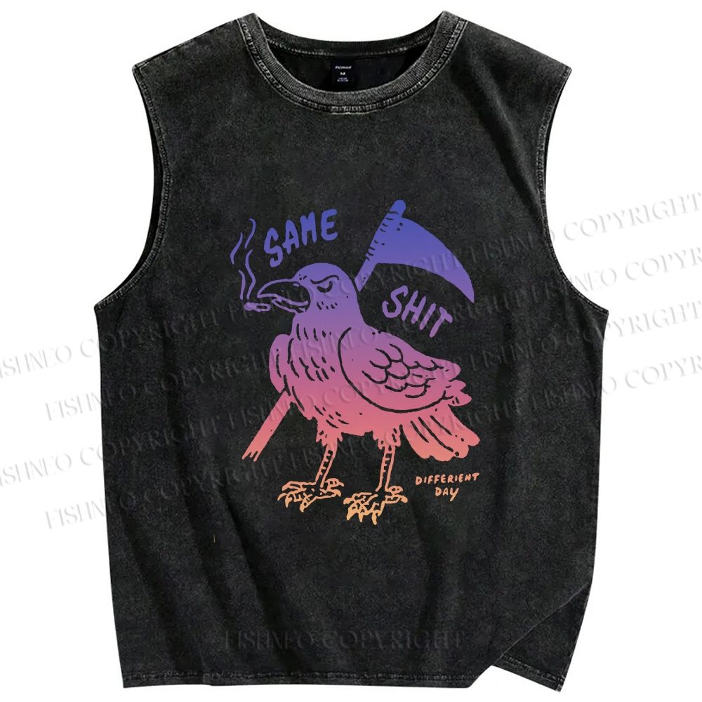Unisex Same Shit Crow Printed Washed Tank Top