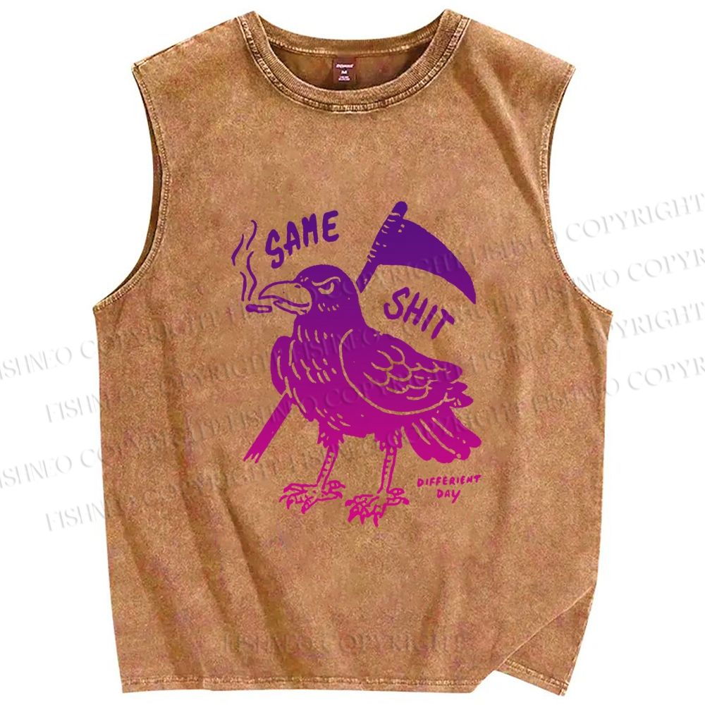 Unisex Same Shit Crow Printed Washed Tank Top