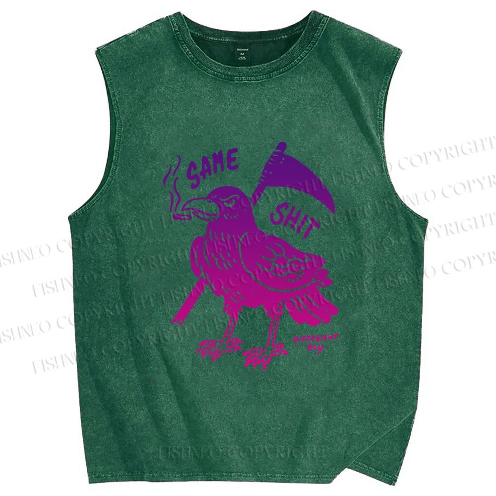 Unisex Same Shit Crow Printed Washed Tank Top
