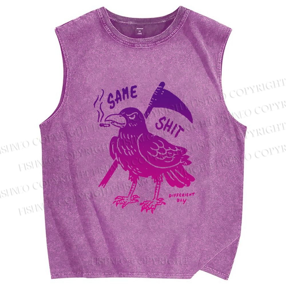 Unisex Same Shit Crow Printed Washed Tank Top