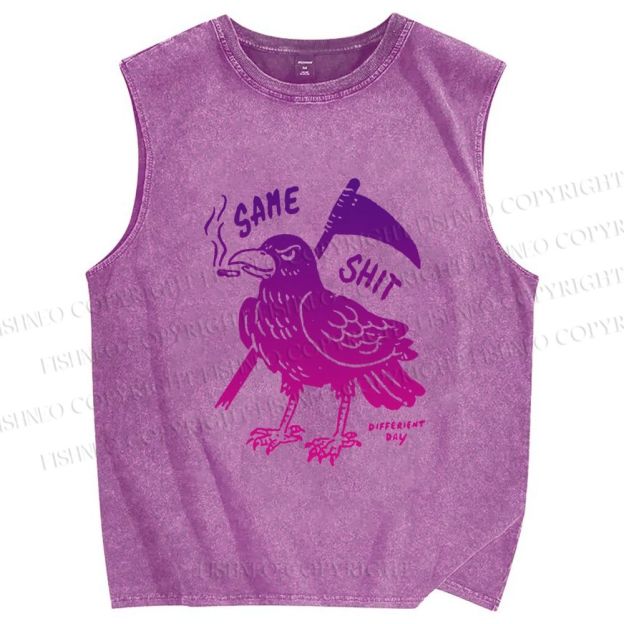 Unisex Same Shit Crow Printed Washed Tank Top
