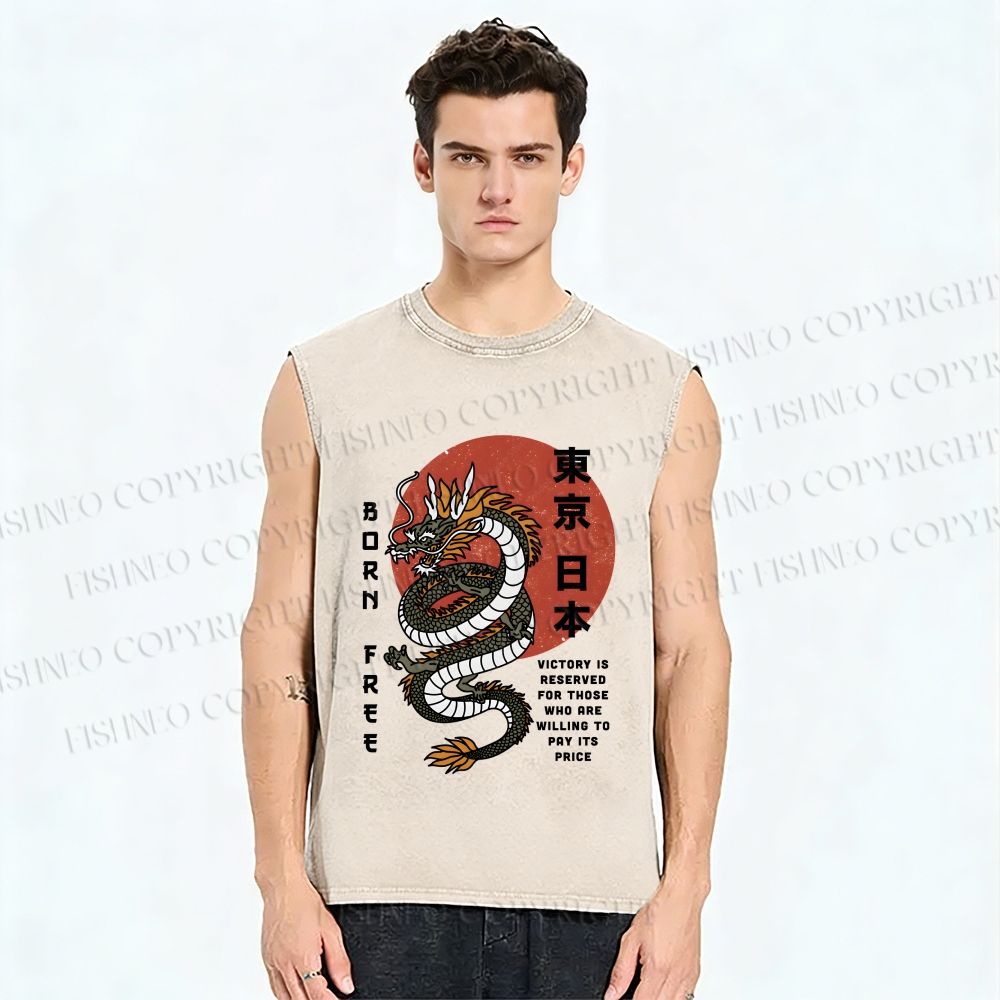 Unisex Asian Dragon Printed Washed Tank Top