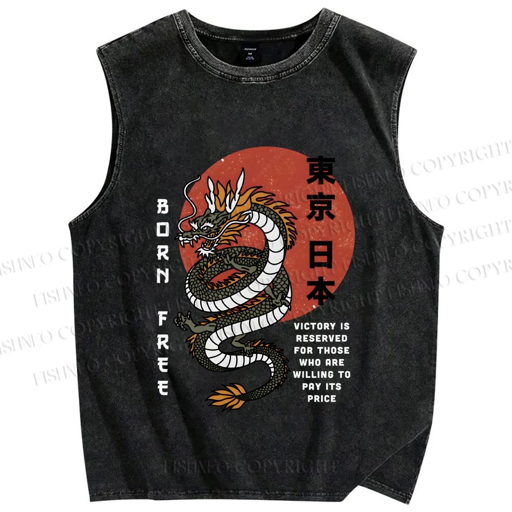 Unisex Asian Dragon Printed Washed Tank Top