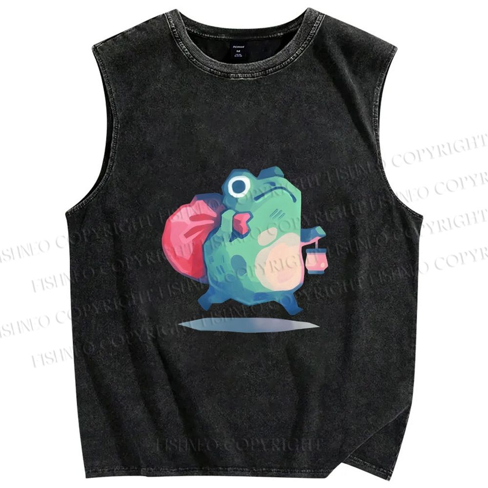 Unisex Frog Holding a Lamp Printed Washed Tank Top