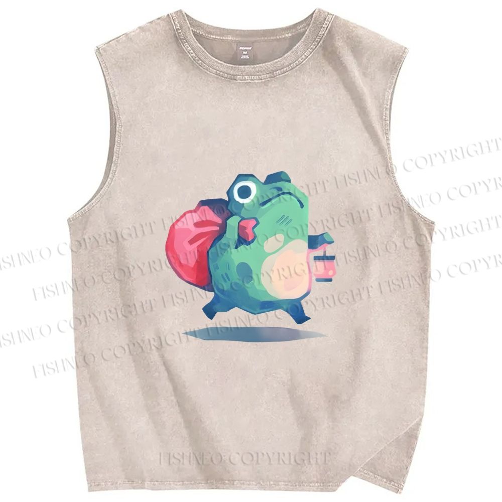 Unisex Frog Holding a Lamp Printed Washed Tank Top