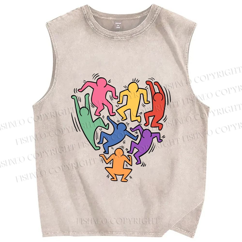 Unisex Keith Haring in Heart Shape Printed Washed Tank Top