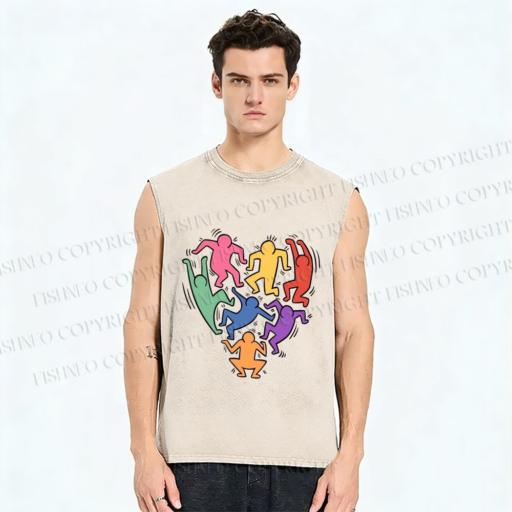 Unisex Keith Haring in Heart Shape Printed Washed Tank Top