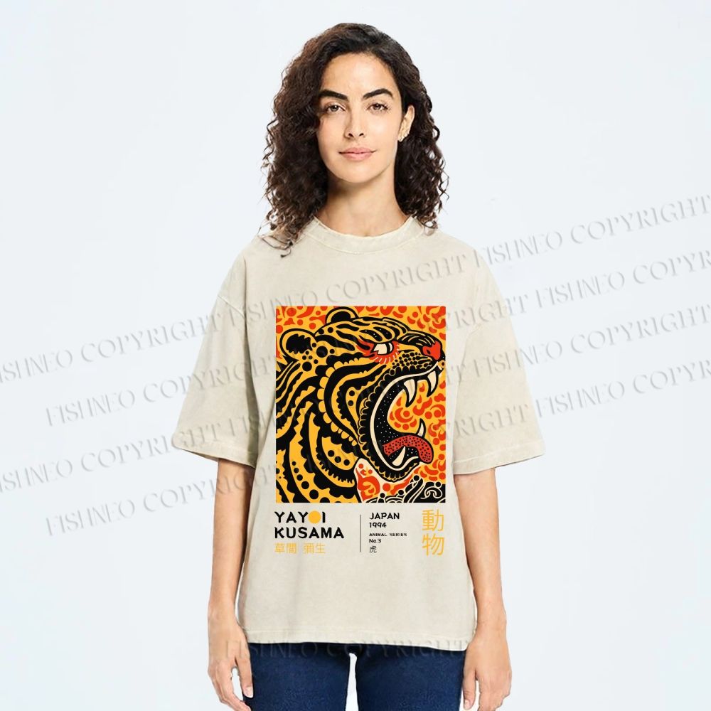 Unisex Yayoi Kusama Polka Dot Tiger Art Printed Washed Tee