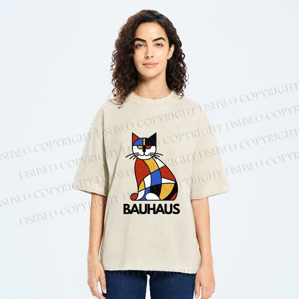Unisex Bauhaus Mondrian Cat Printed Washed Tee