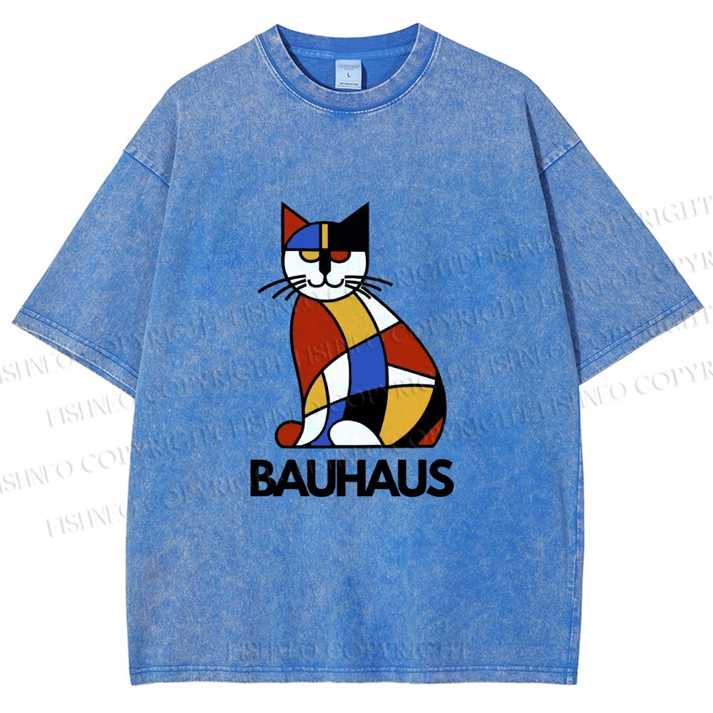 Unisex Bauhaus Mondrian Cat Printed Washed Tee