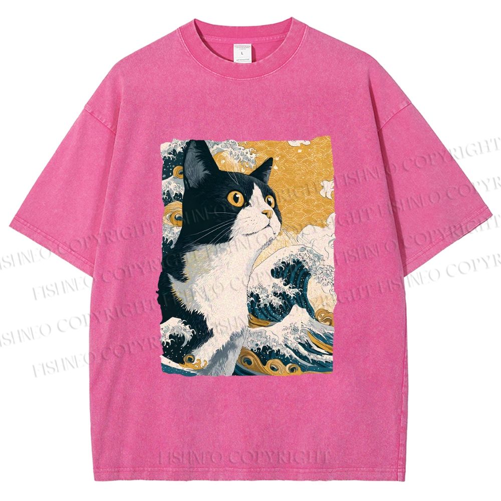 Unisex Japanese Ukiyo-e Cat Printed Washed Tee