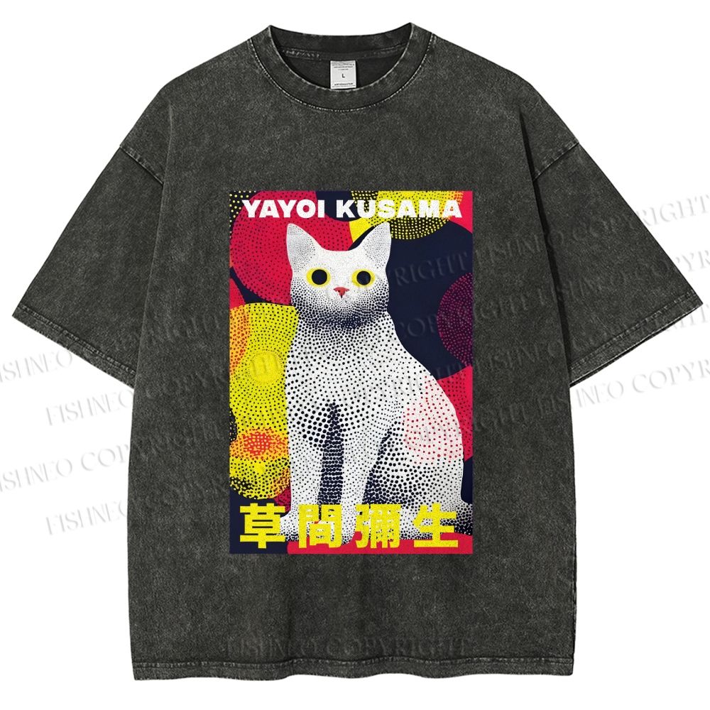 Unisex Yayoi Kusama Cat With Dots Printed Washed Tee