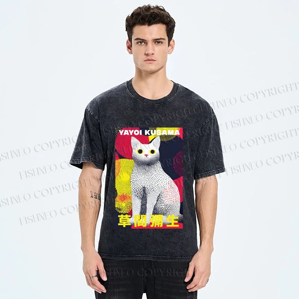 Unisex Yayoi Kusama Cat With Dots Printed Washed Tee