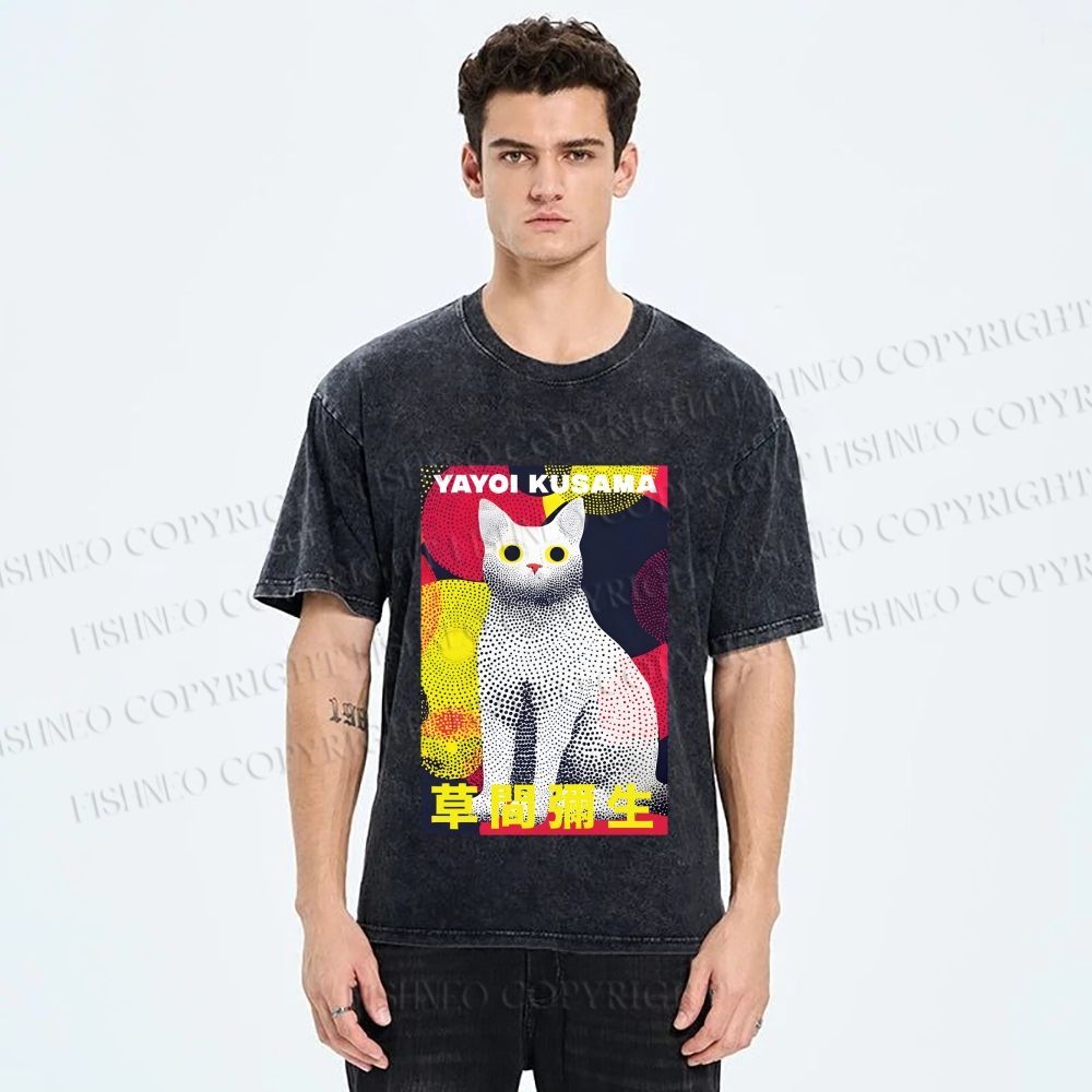 Unisex Yayoi Kusama Cat With Dots Printed Washed Tee