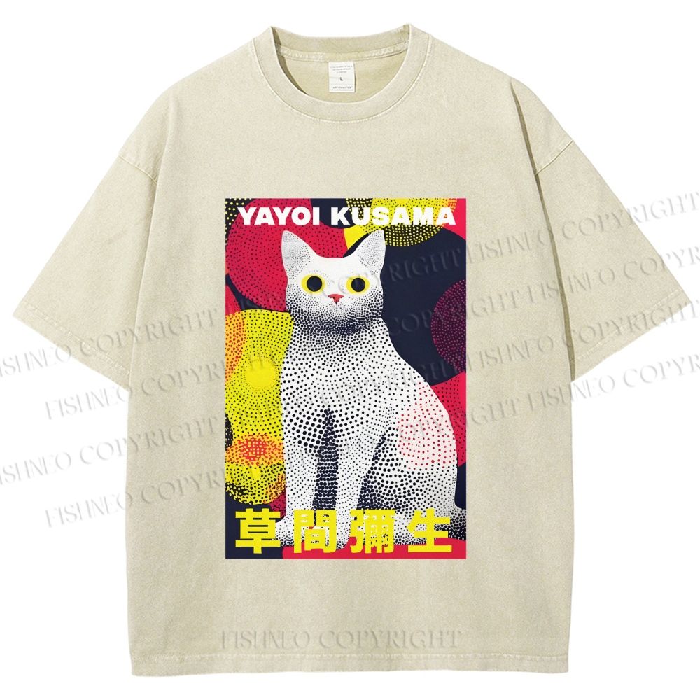 Unisex Yayoi Kusama Cat With Dots Printed Washed Tee