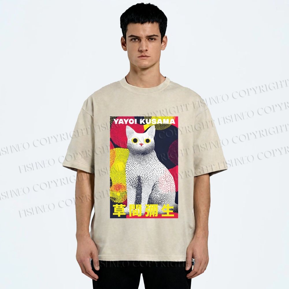 Unisex Yayoi Kusama Cat With Dots Printed Washed Tee