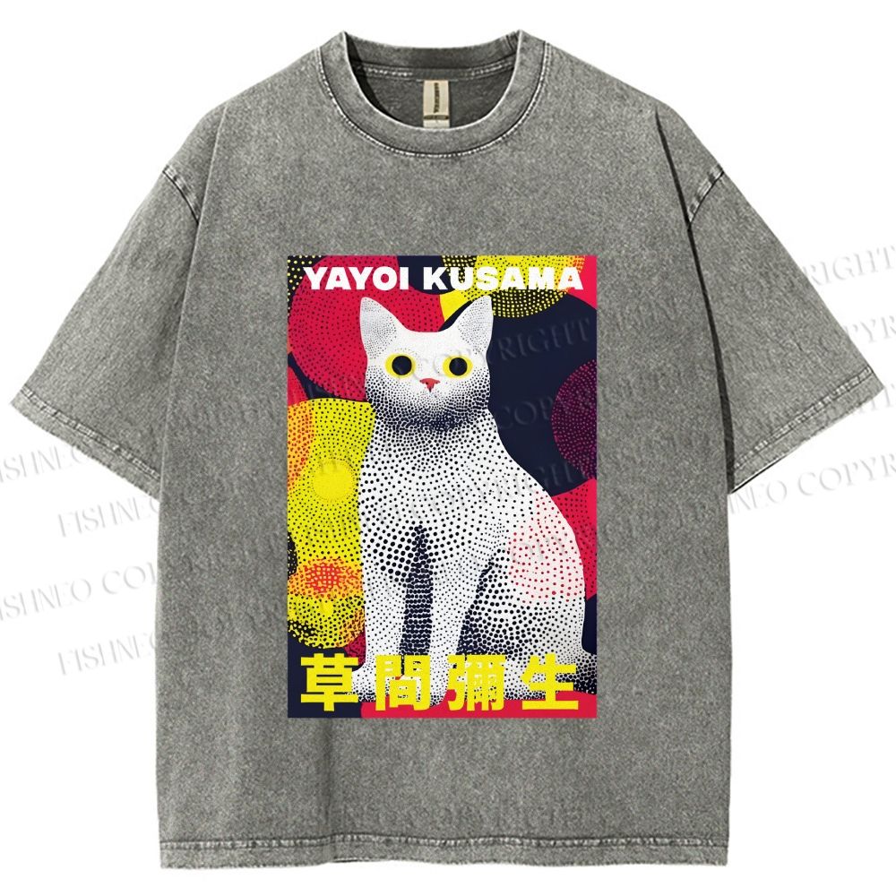 Unisex Yayoi Kusama Cat With Dots Printed Washed Tee
