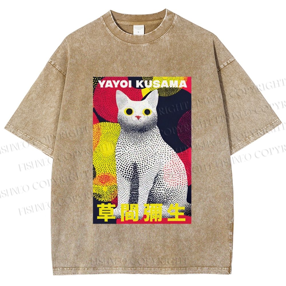 Unisex Yayoi Kusama Cat With Dots Printed Washed Tee