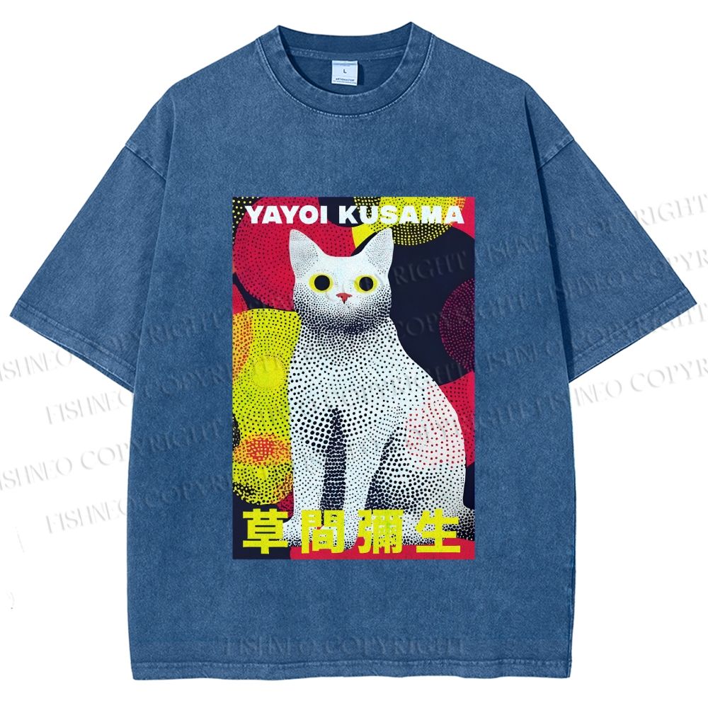 Unisex Yayoi Kusama Cat With Dots Printed Washed Tee