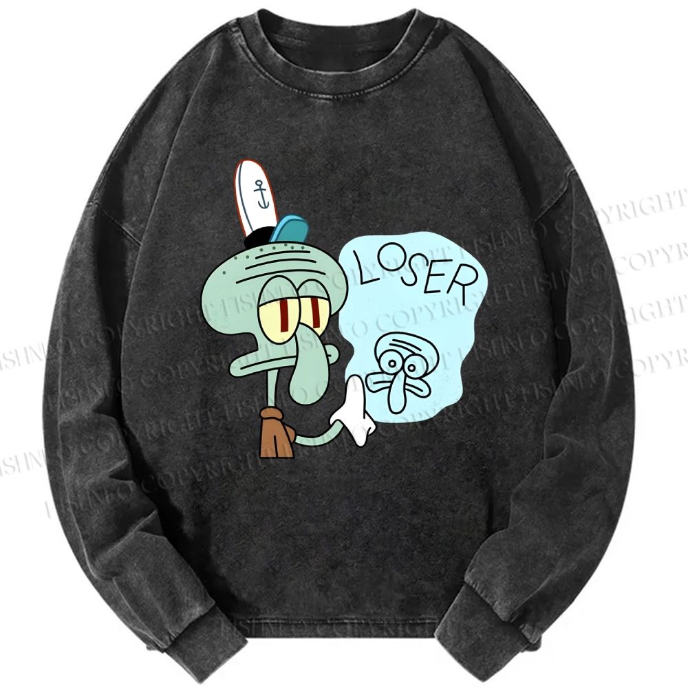 Unisex Casual Washed Squidward Tentacles Loser Printed Long Sleeve T-shirt