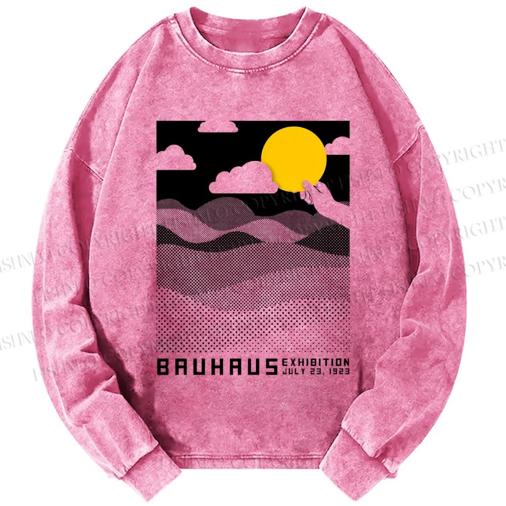 Unisex Casual Washed Bauhaus Wave And Sunset Printed Long Sleeve T-shirt
