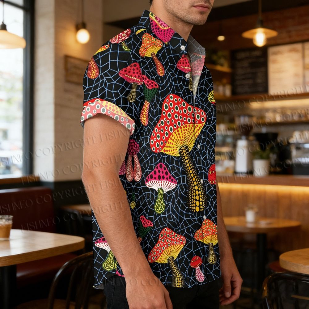 Men's Stand Collar Yayoi Kusama Mushrooms Printed Short Sleeve Shirt