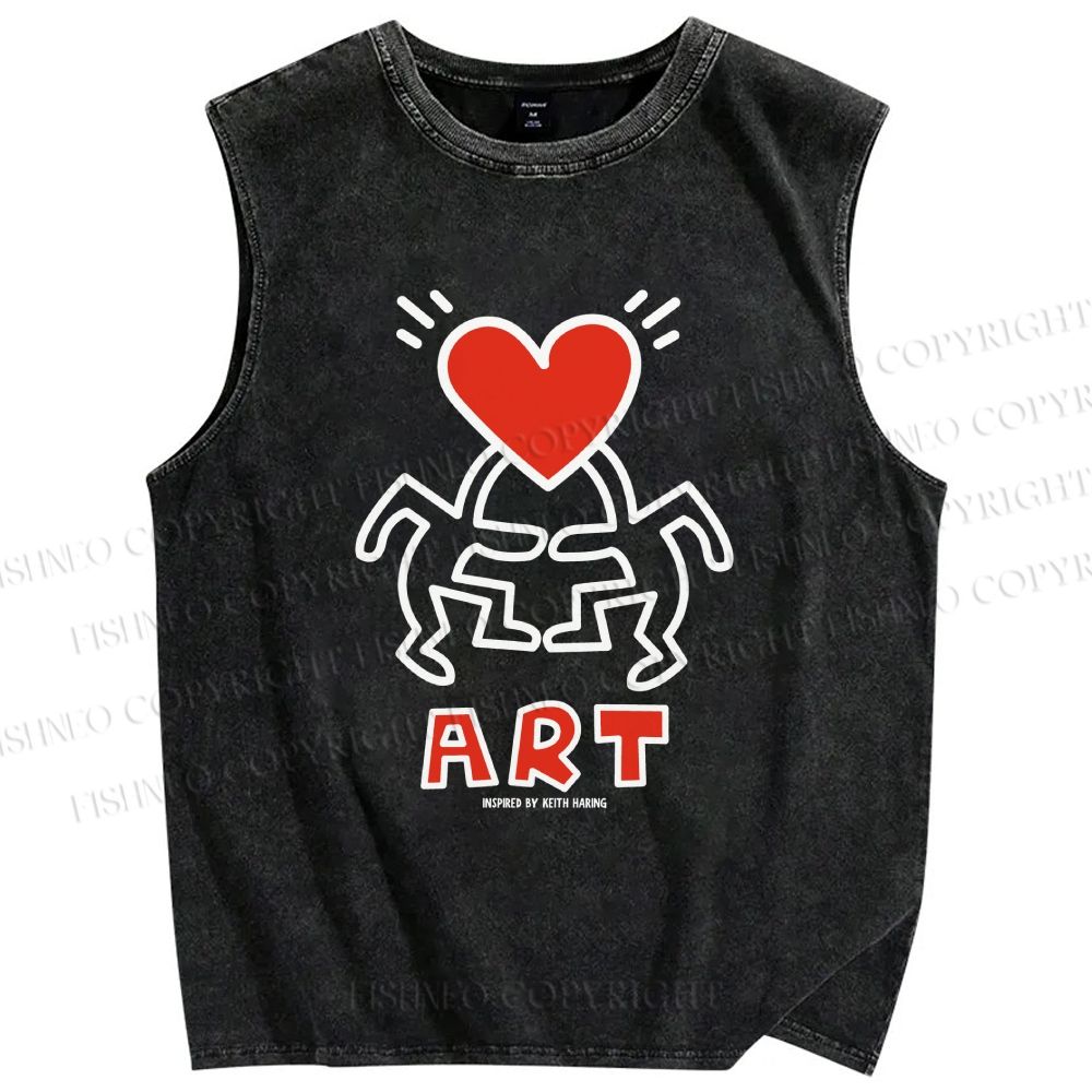 Unisex Keith Haring Inspired Art Heart Printed Washed Tank Top