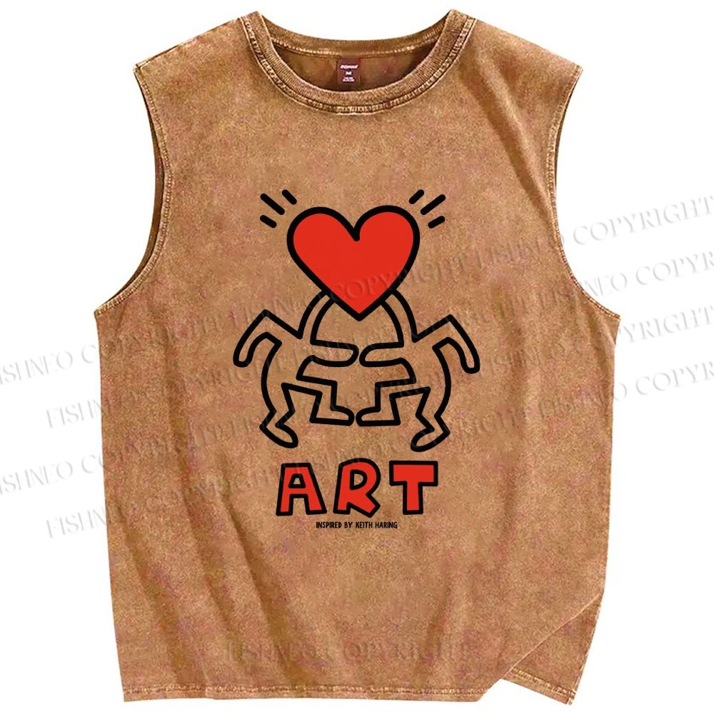 Unisex Keith Haring Inspired Art Heart Printed Washed Tank Top