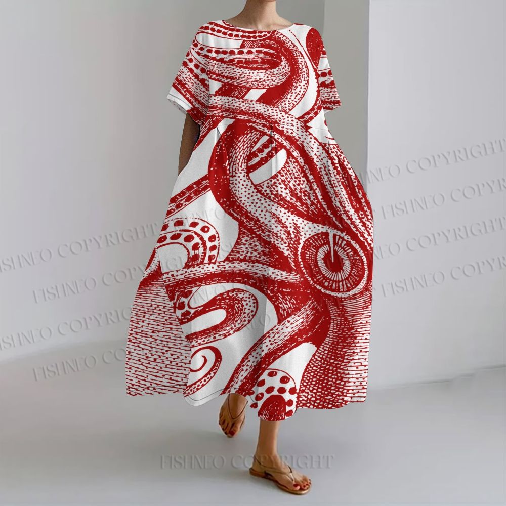 Women's Red Octopus Loose Fit Round Neck Long Sleeve Maxi Dress