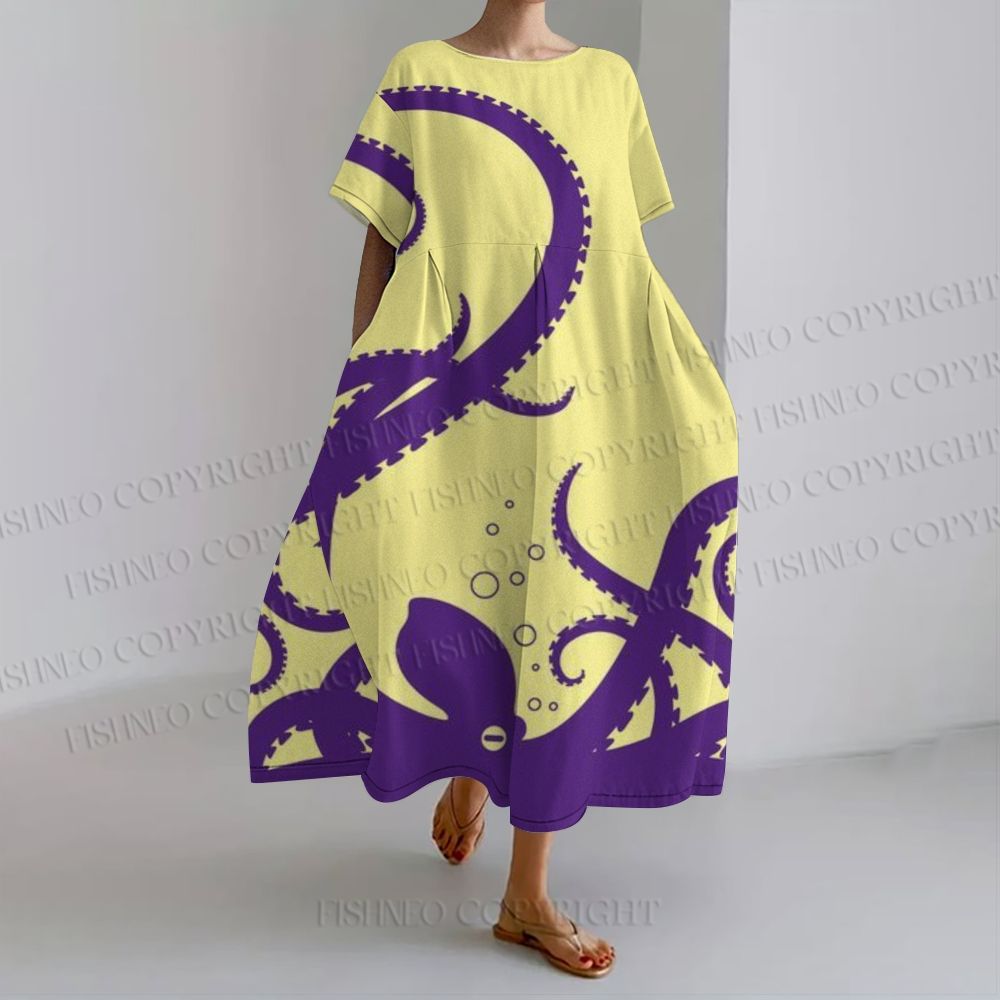 Women's Blue Octopus Loose Fit Round Neck Long Sleeve Maxi Dress