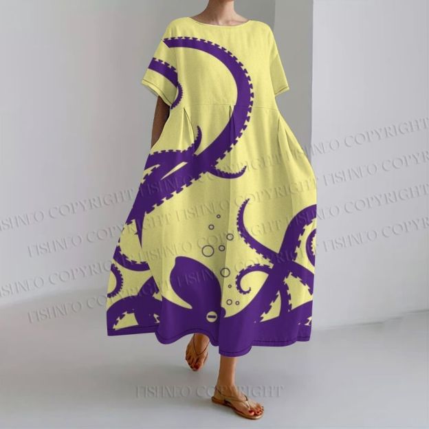 Women's Blue Octopus Loose Fit Round Neck Long Sleeve Maxi Dress