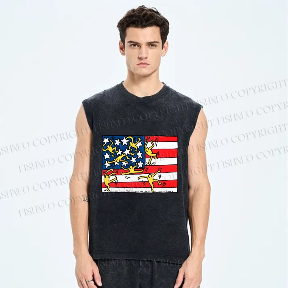 Unisex Keith Haring Independence Day Printed Washed Tank Top