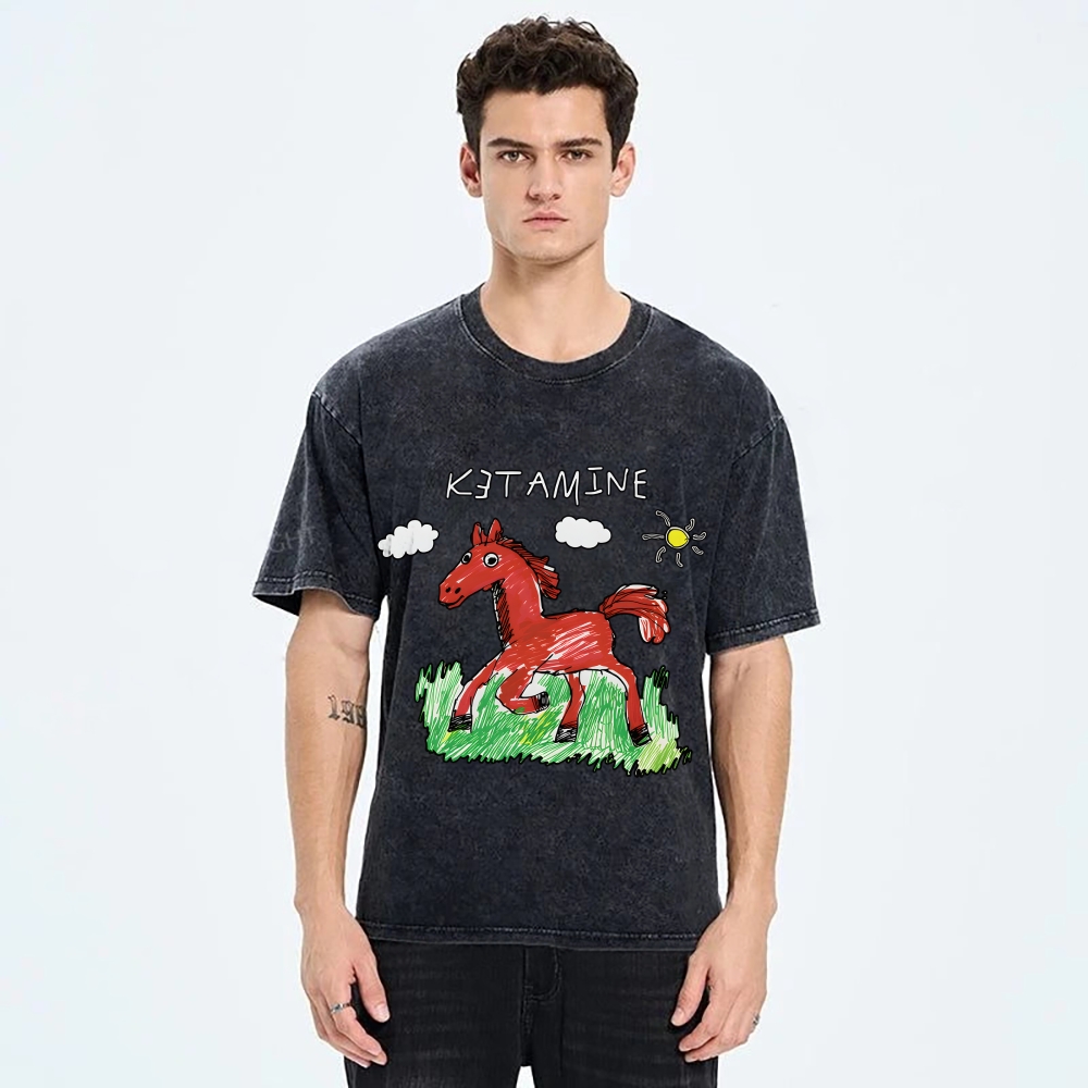 Ketamine Horse Funny Children's Drawings Vintage Washed T-shirt