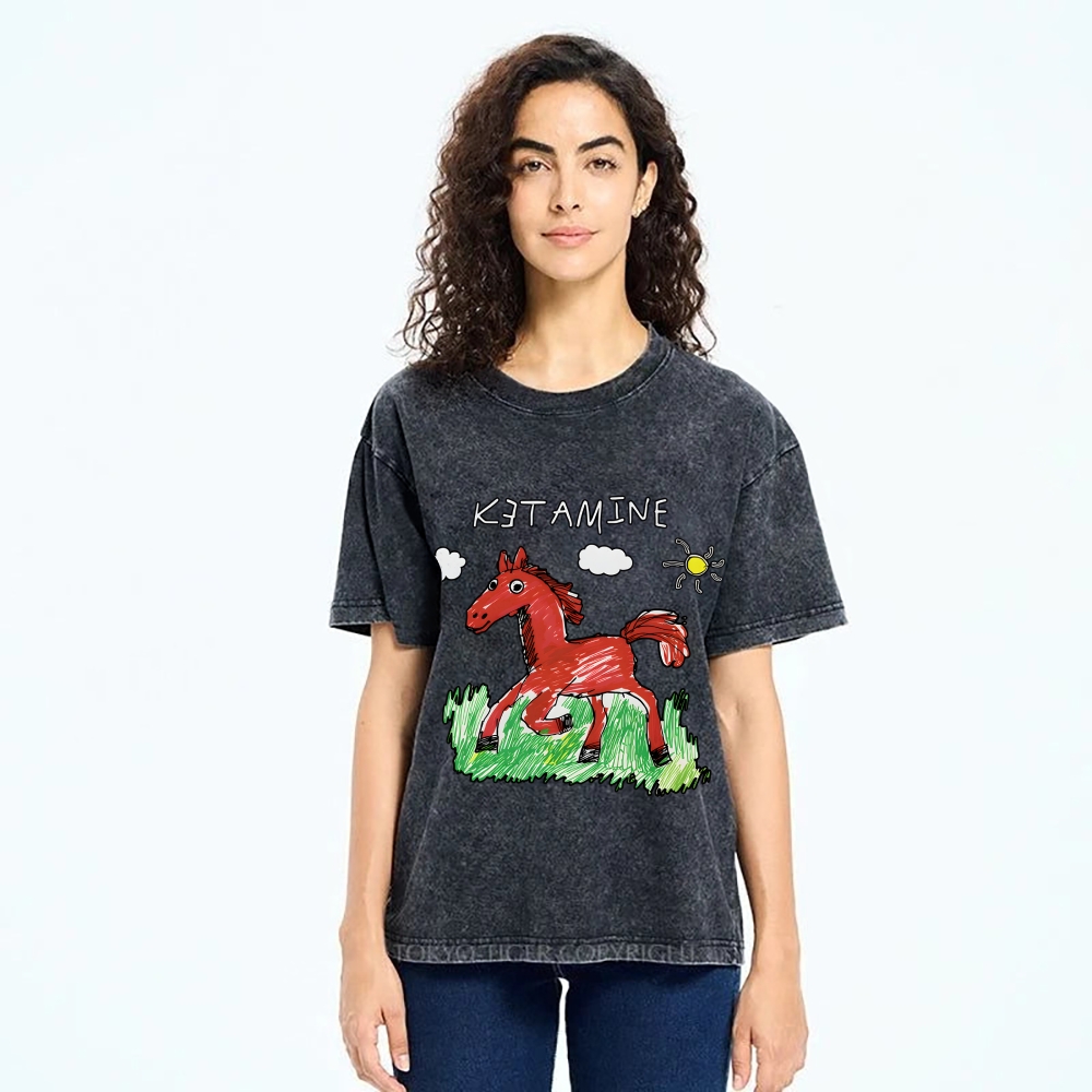 Ketamine Horse Funny Children's Drawings Vintage Washed T-shirt