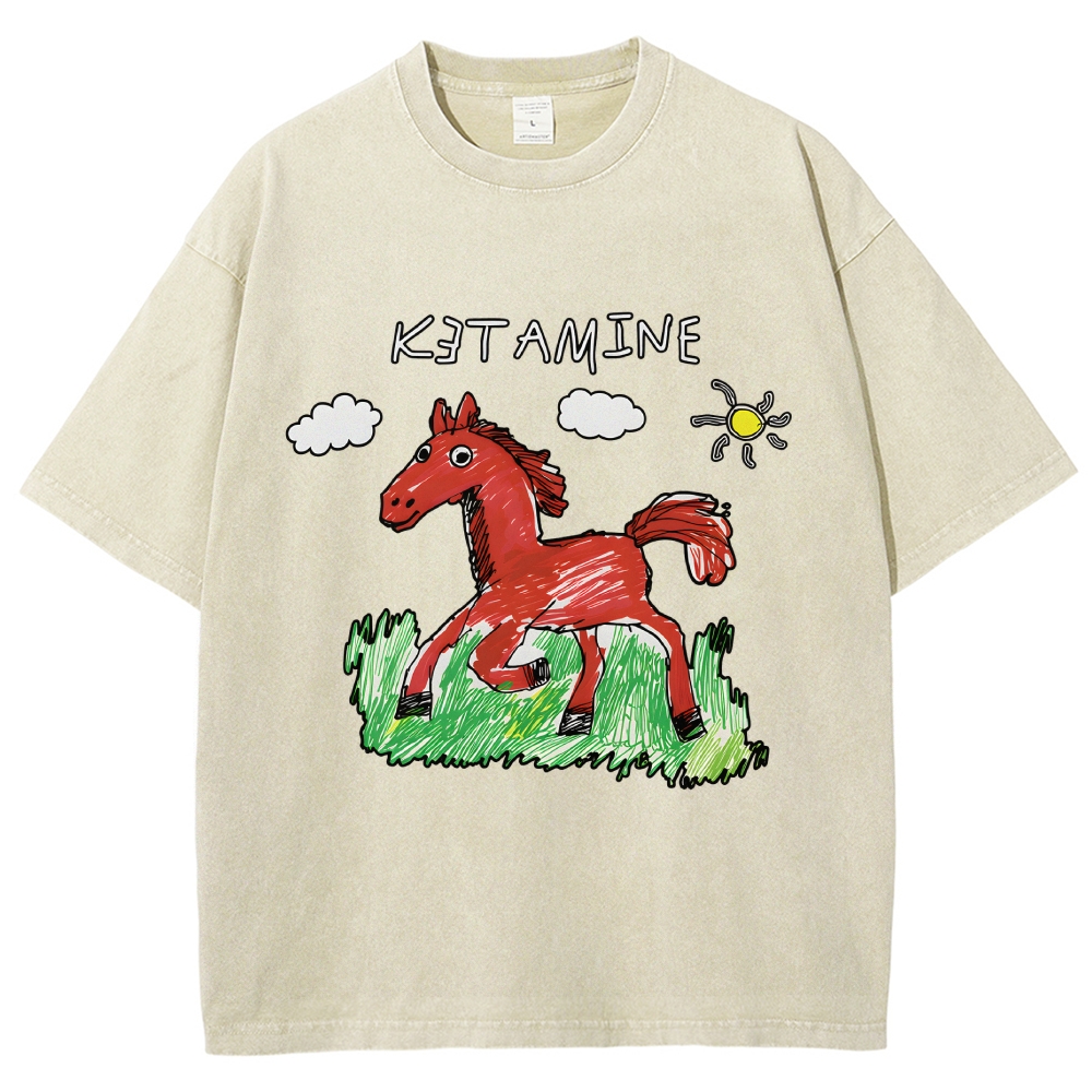 Ketamine Horse Funny Children's Drawings Vintage Washed T-shirt