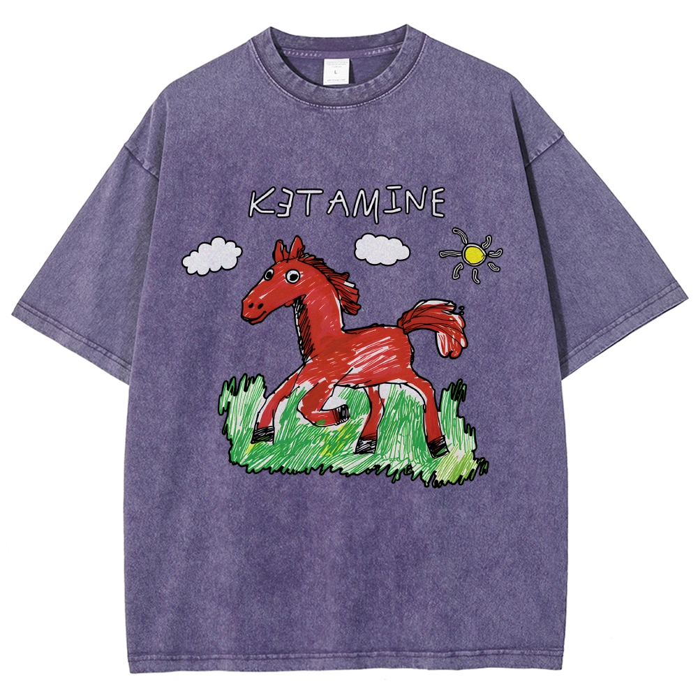 Ketamine Horse Funny Children's Drawings Vintage Washed T-shirt