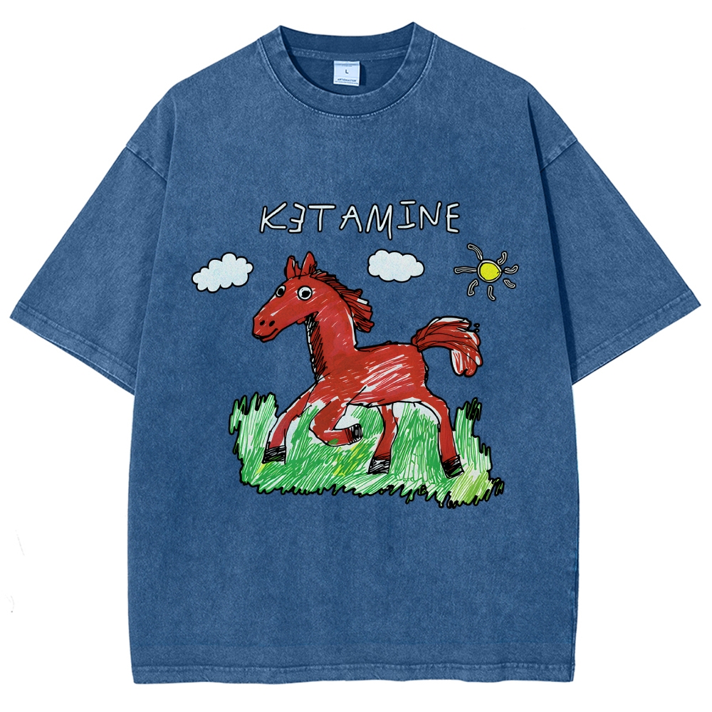 Ketamine Horse Funny Children's Drawings Vintage Washed T-shirt