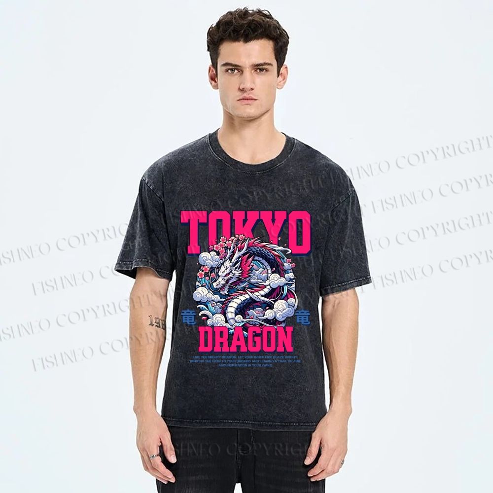 Unisex Tokyo Dragon Printed Washed Tee