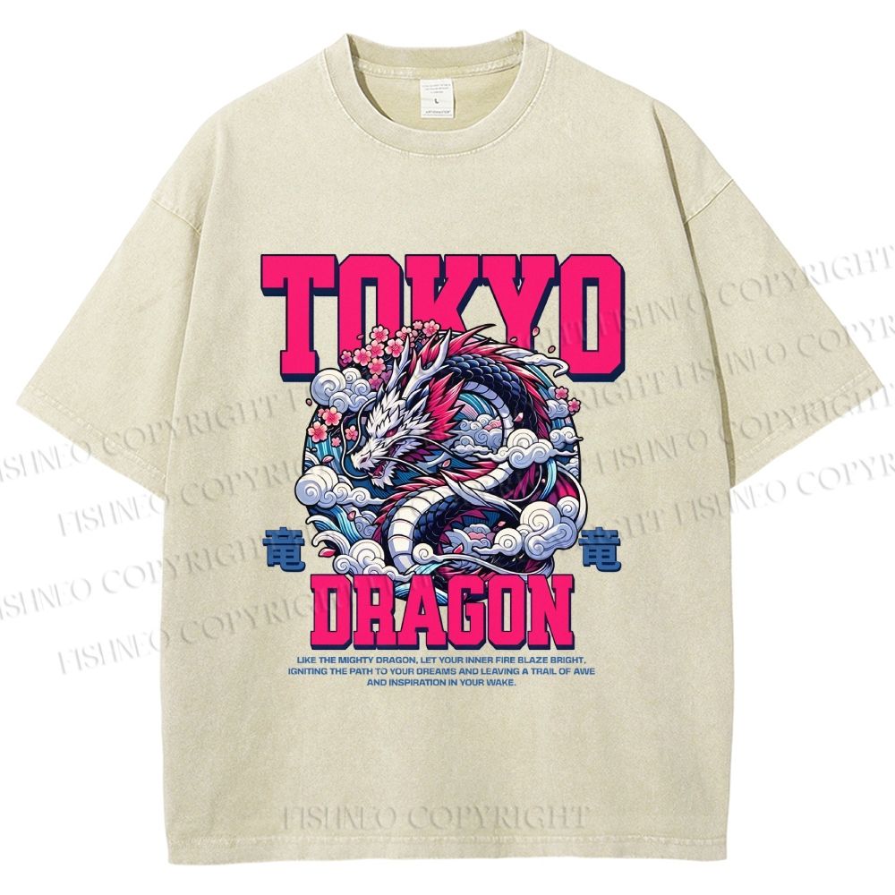 Unisex Tokyo Dragon Printed Washed Tee