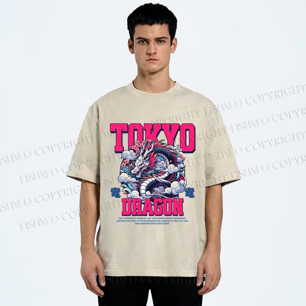 Unisex Tokyo Dragon Printed Washed Tee