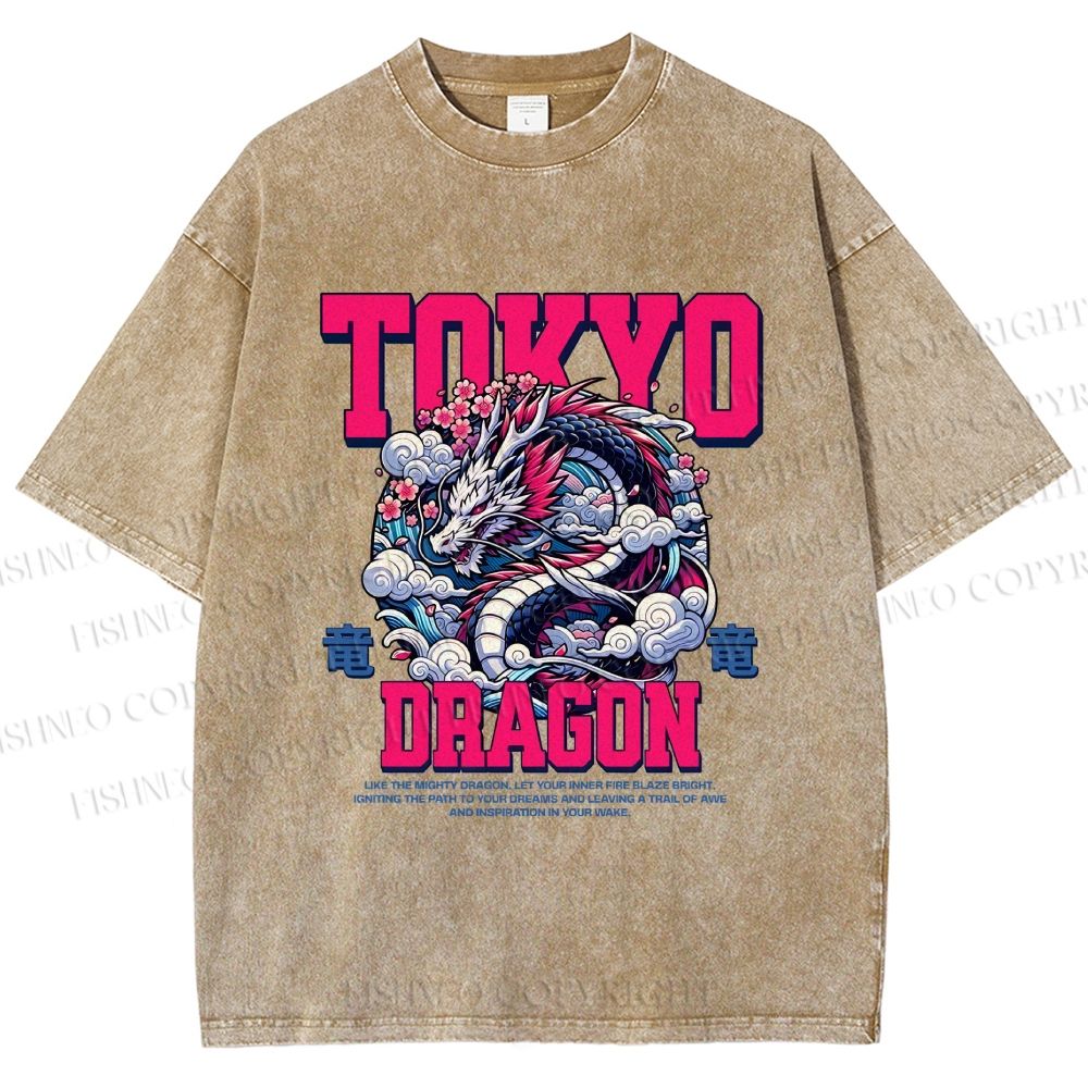 Unisex Tokyo Dragon Printed Washed Tee