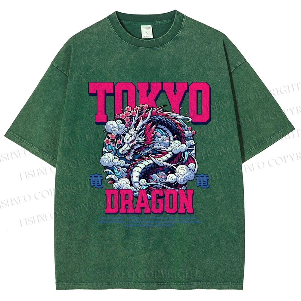 Unisex Tokyo Dragon Printed Washed Tee