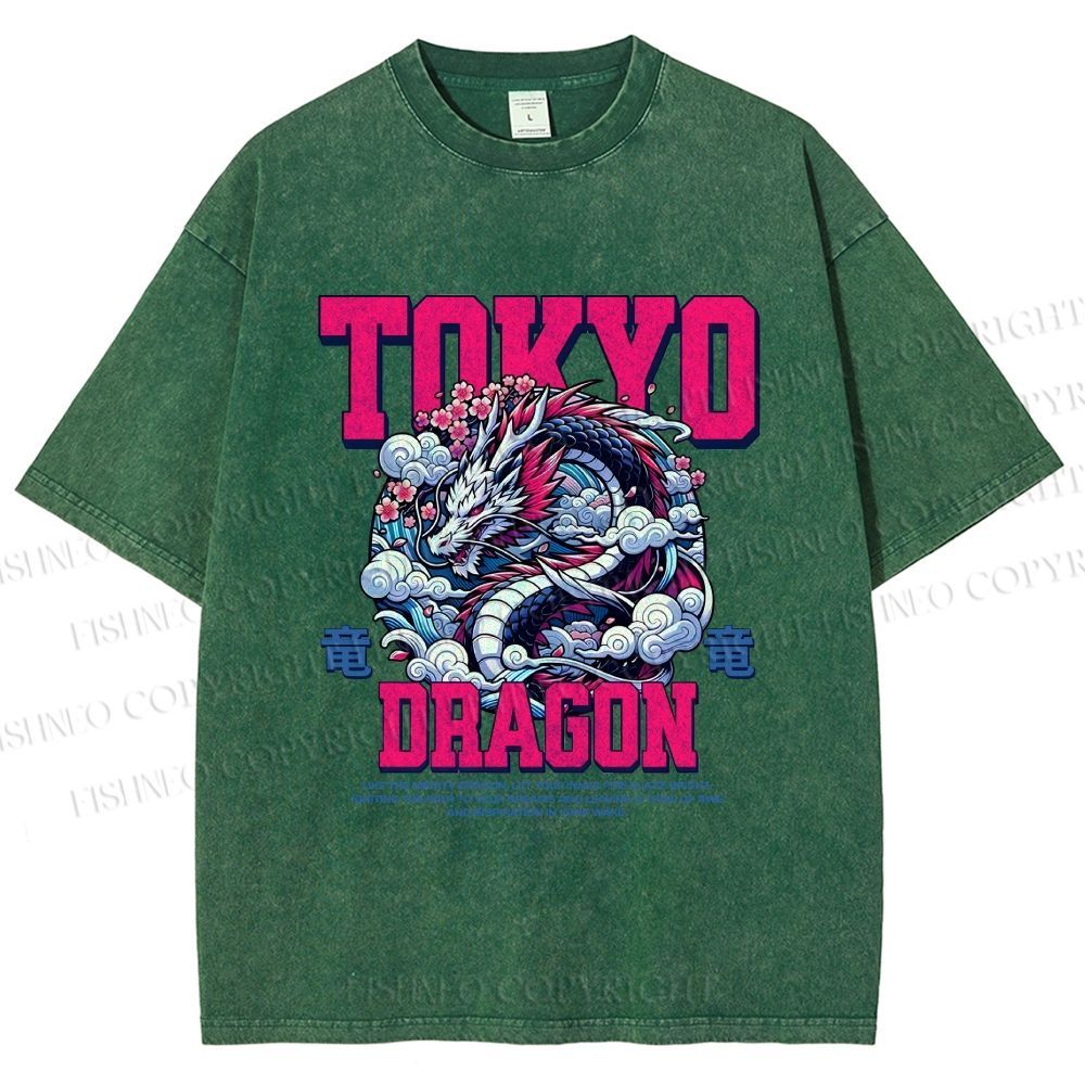 Unisex Tokyo Dragon Printed Washed Tee