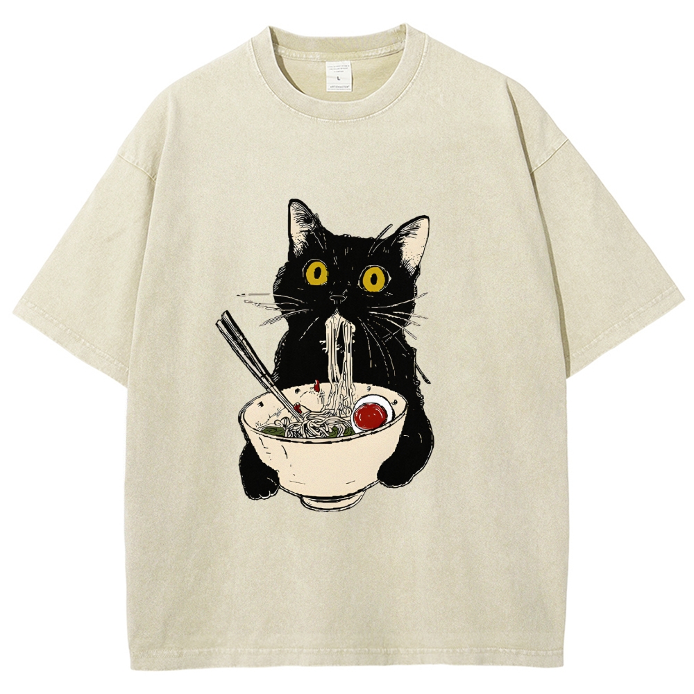 Ramen Cat Vintage Wash Japanese Design T-Shirt