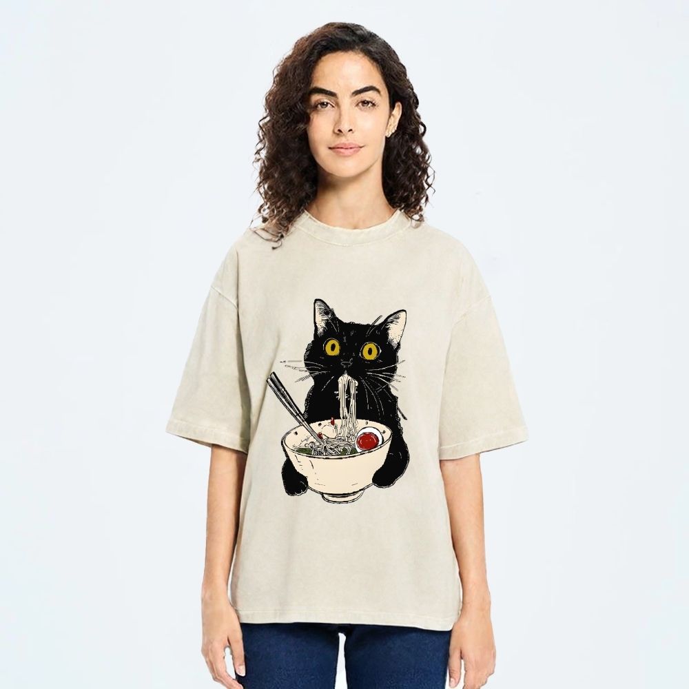Ramen Cat Vintage Wash Japanese Design T-Shirt