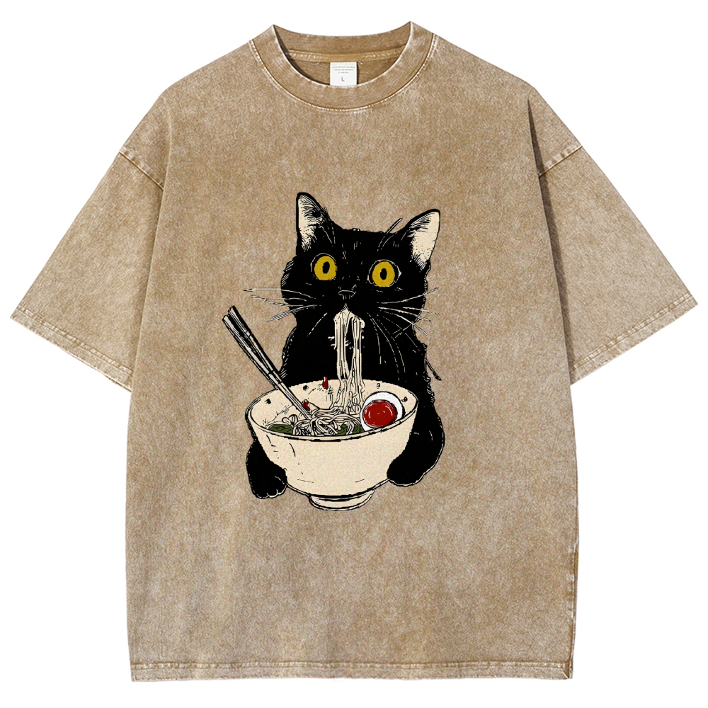 Ramen Cat Vintage Wash Japanese Design T-Shirt